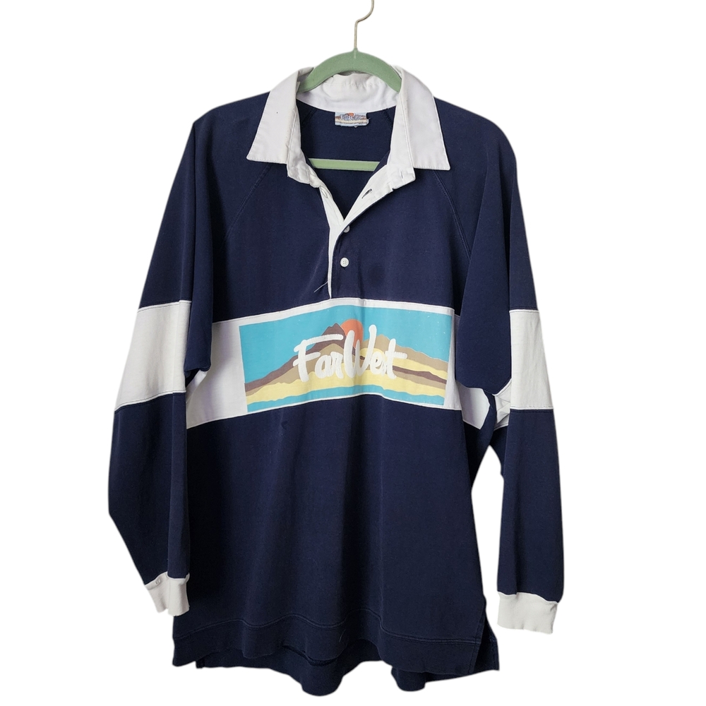 FAR WEST x VINTAGE FarWest‎ Navy and White Rugby Shirt polo long sleeve